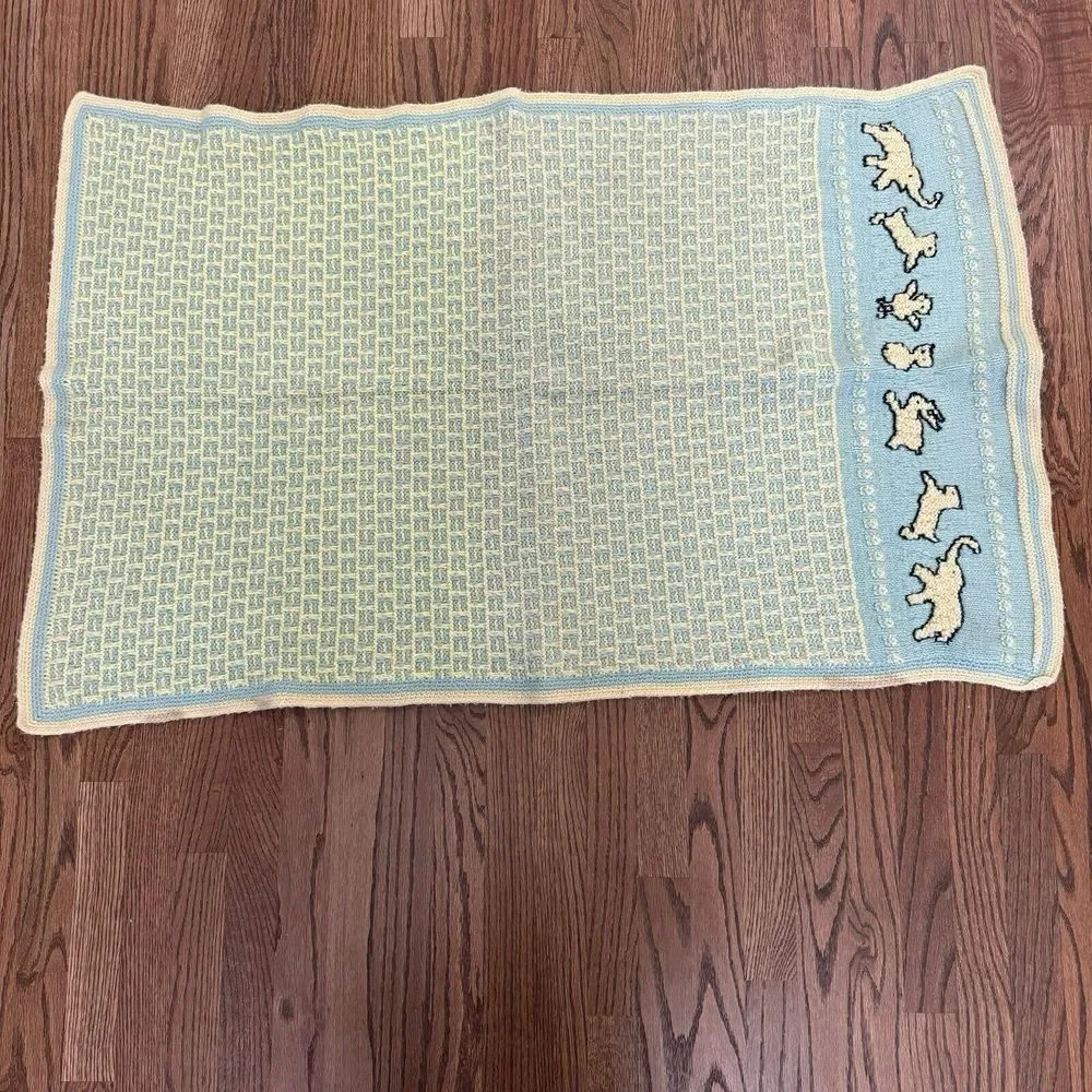 Vtg Crocheted Baby Afghan Blanket Blue Cream Bunny Elephant Animal Nursery Decor